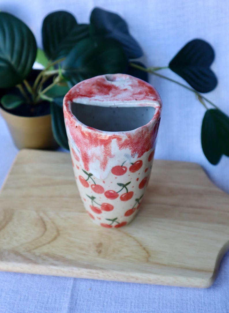Large Tall Handmade Cherry Ceramic Travel Cup / Tumbler (Large)