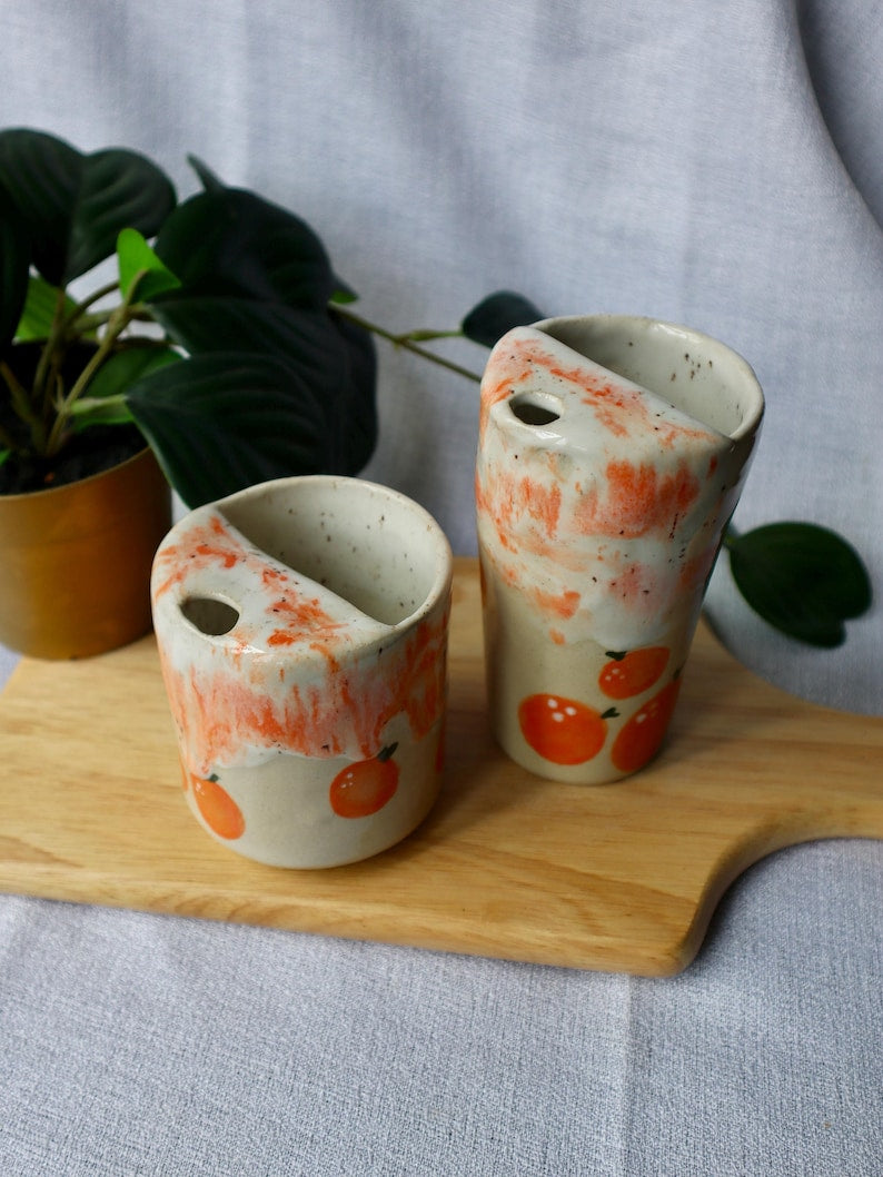 Handmade Ceramic Travel Cup / Tumbler with Oranges
