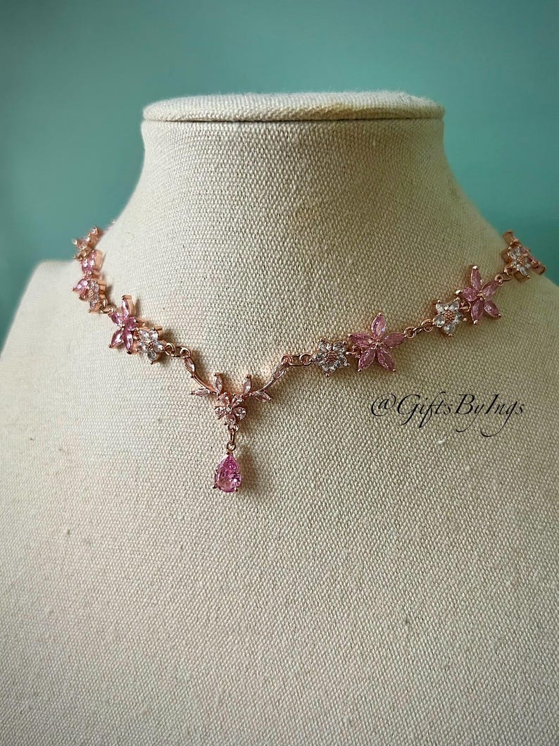 Elegant ethereal pink floral rose gold choker necklace