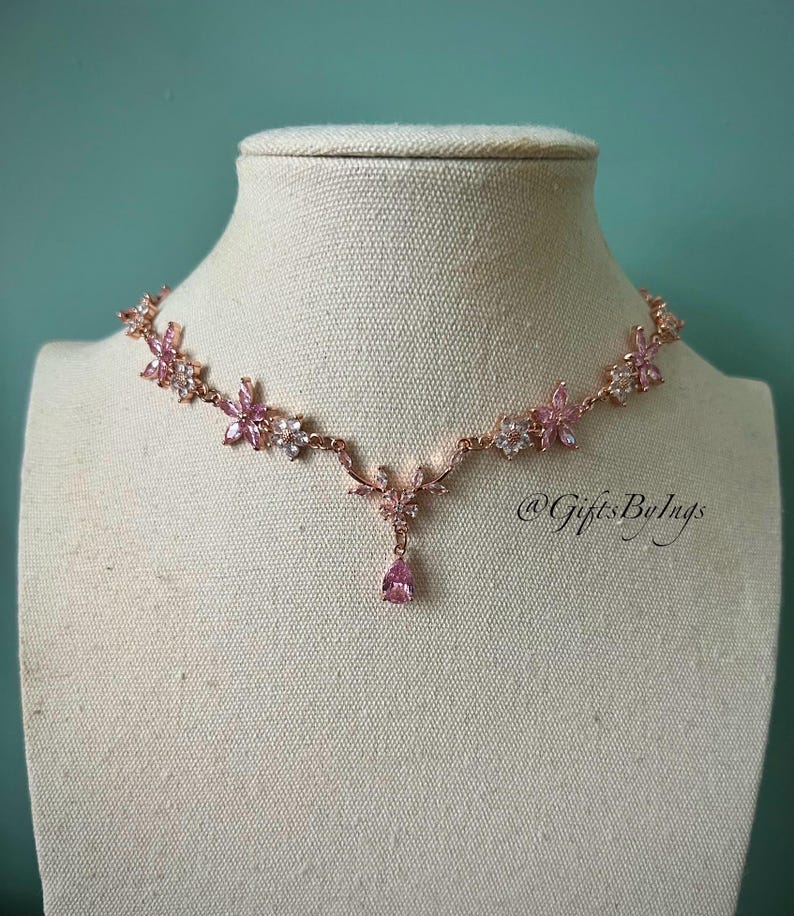 Elegant ethereal pink floral rose gold choker necklace