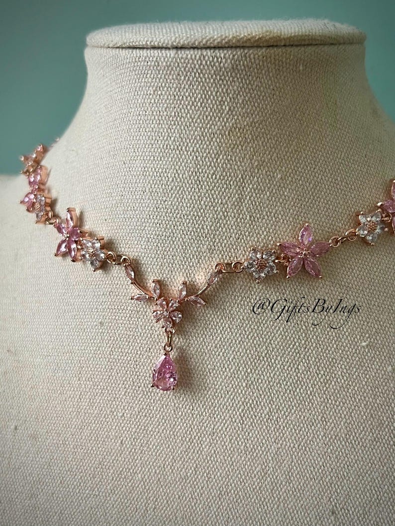 Elegant ethereal pink floral rose gold choker necklace