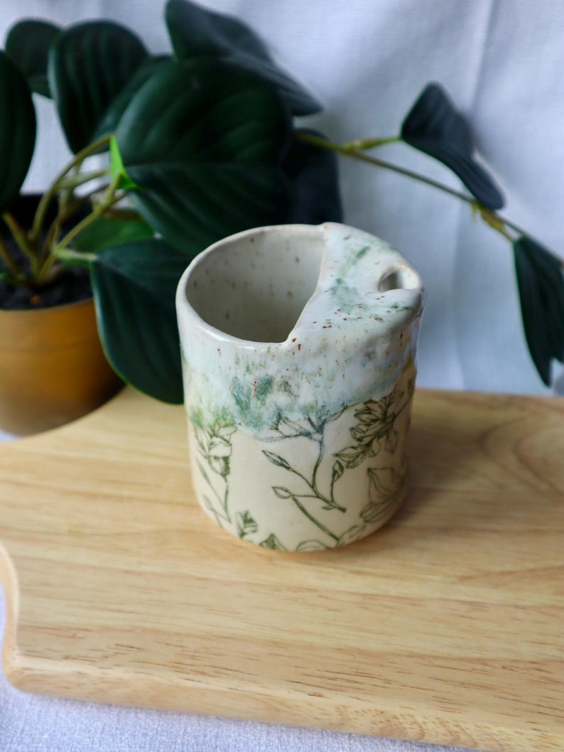 Handmade Ceramic Travel Cup / Tumbler with Green Florals