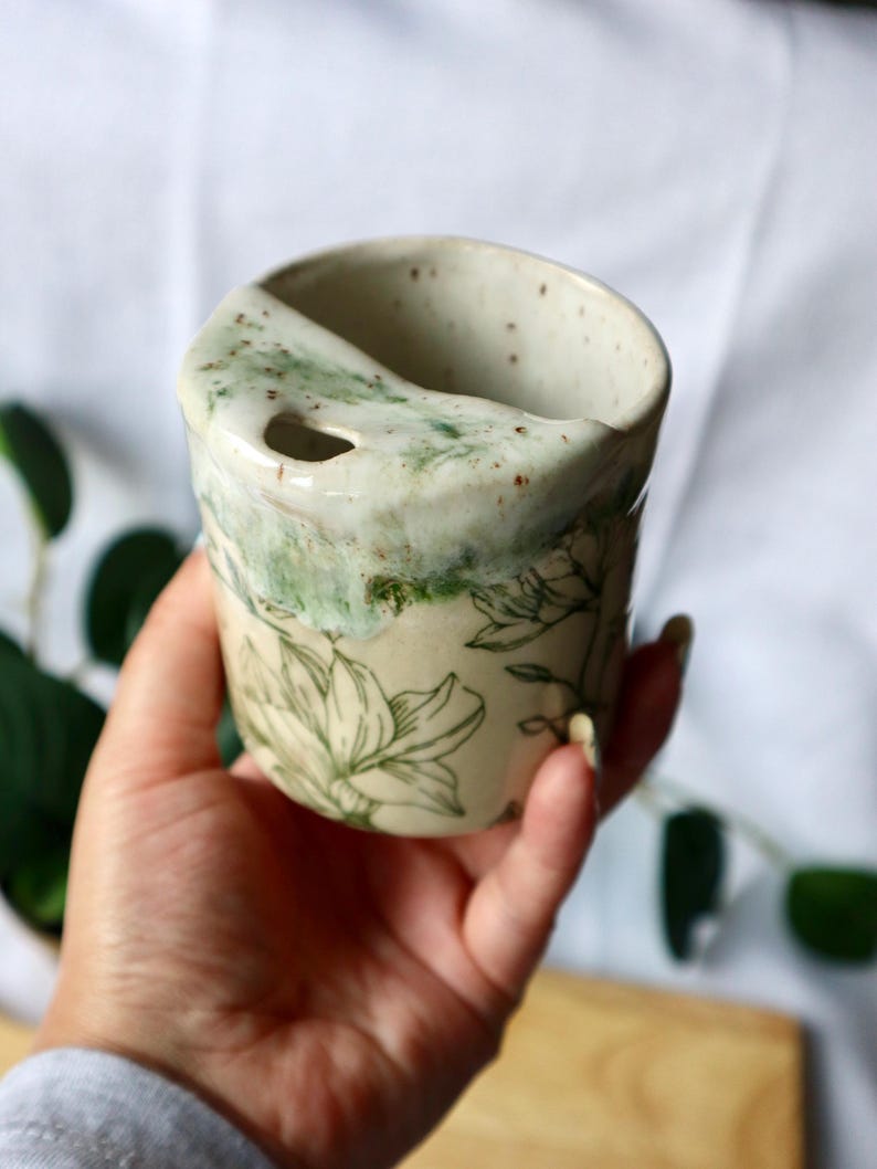 Handmade Ceramic Travel Cup / Tumbler with Green Florals