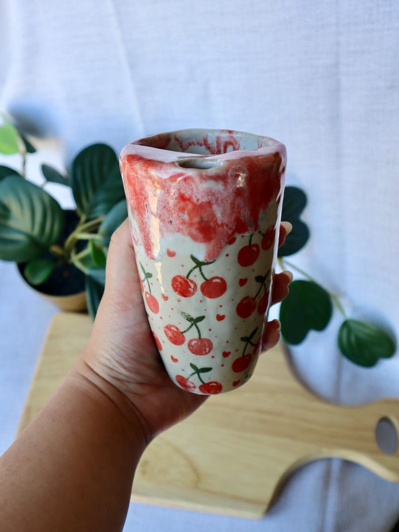 Large Tall Handmade Cherry Ceramic Travel Cup / Tumbler (Large)