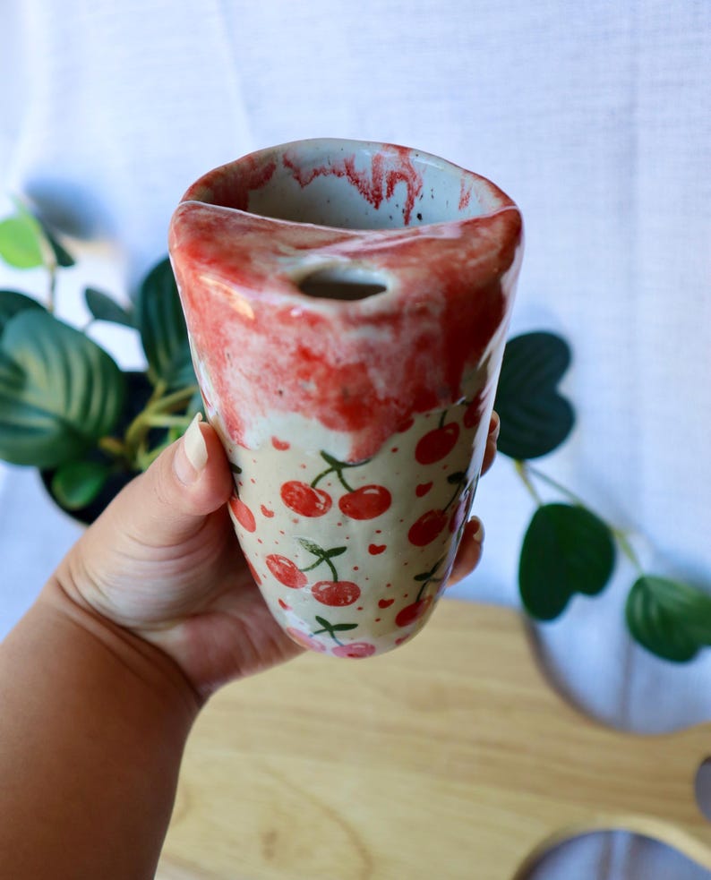 Large Tall Handmade Cherry Ceramic Travel Cup / Tumbler (Large)