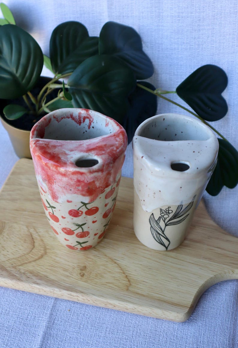 Large Tall Handmade Cherry Ceramic Travel Cup / Tumbler (Large)
