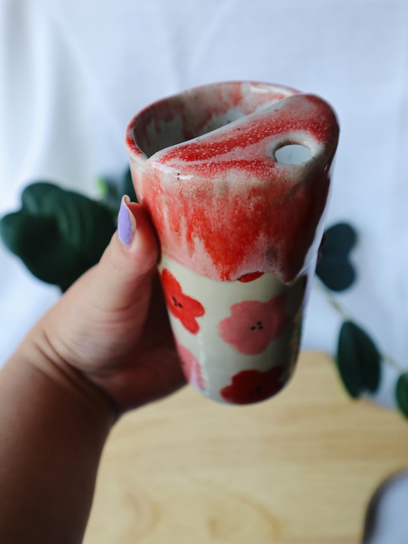 Floral Handmade Ceramic Red & Pink Travel Tumblers