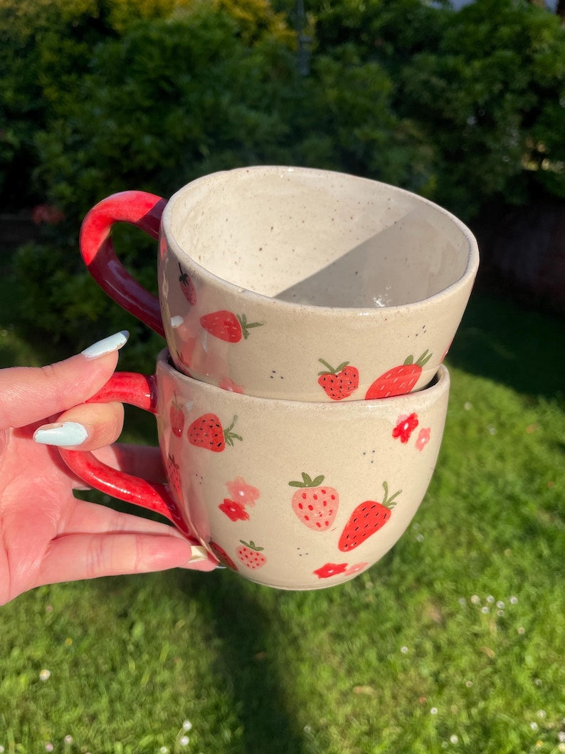 Large Round Handmade Cute Ceramic Strawberry Mugs