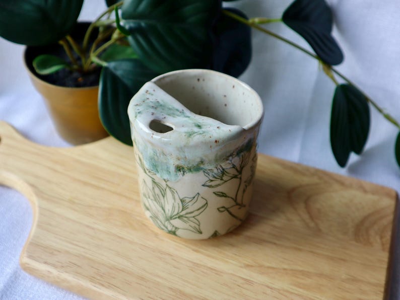 Handmade Ceramic Travel Cup / Tumbler with Green Florals