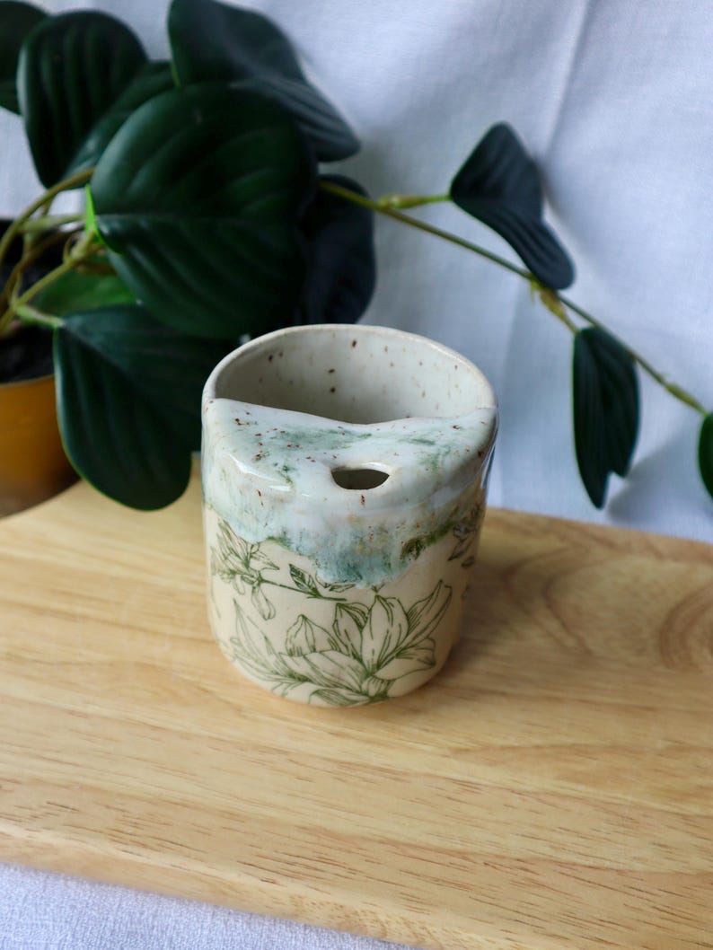 Handmade Ceramic Travel Cup / Tumbler with Green Florals
