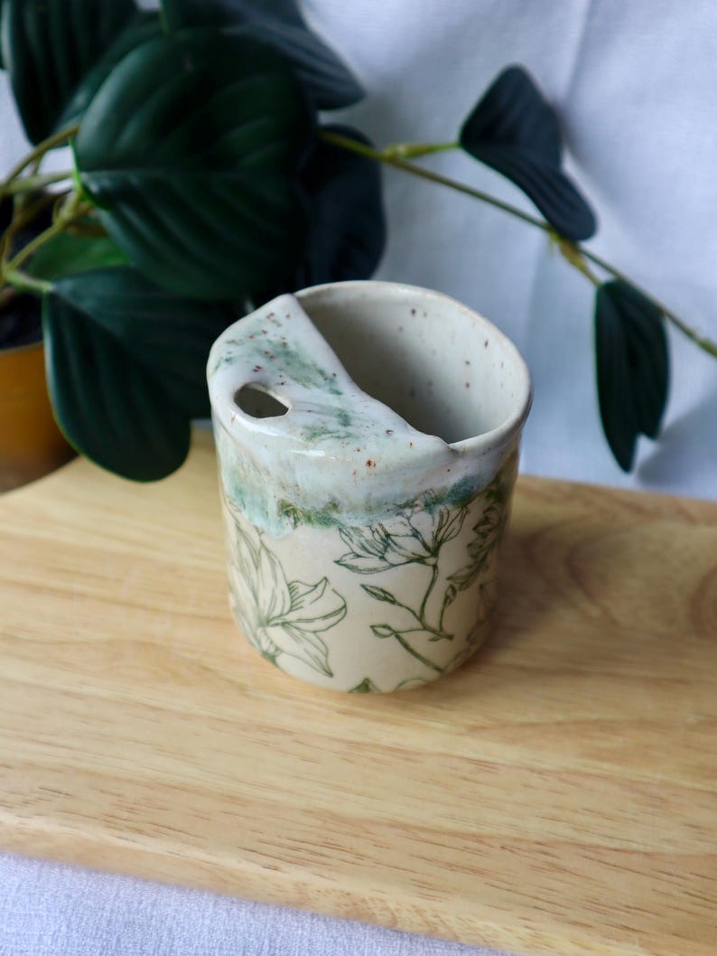 Handmade Ceramic Travel Cup / Tumbler with Green Florals