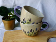 Large Round Handmade Lavender Floral Ceramic Mugs