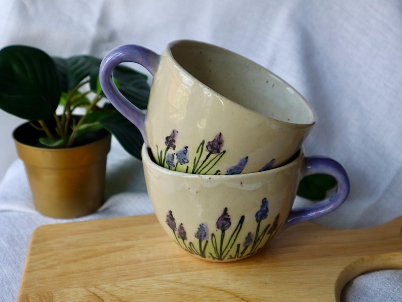 Large Round Handmade Lavender Floral Ceramic Mugs