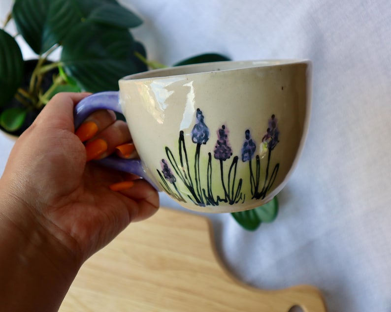 Large Round Handmade Lavender Floral Ceramic Mugs