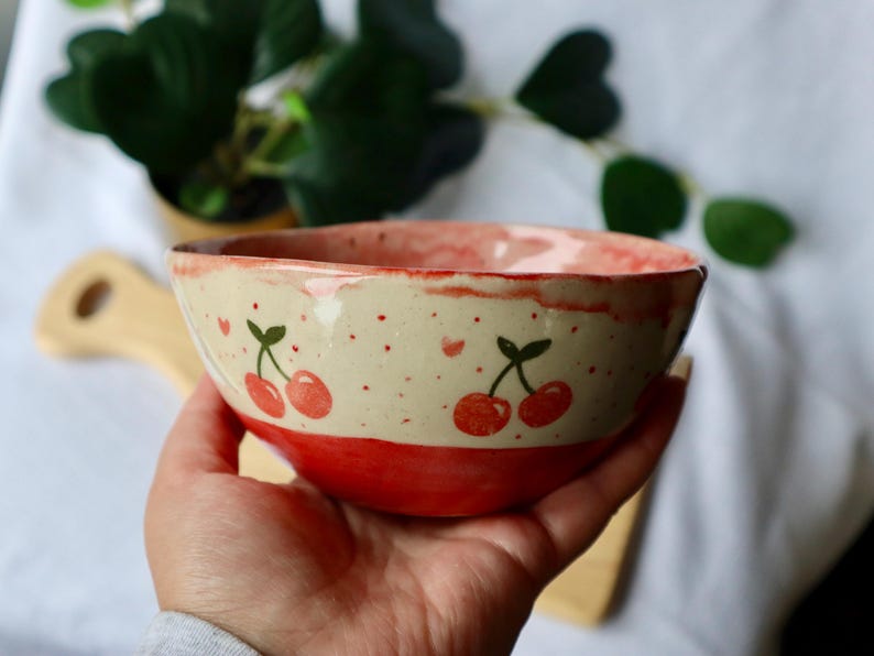 Handmade Small Wonky Cherry Ceramic Bowl - Handmade Ceramic