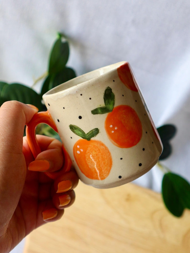Handmade Small Ceramic Mug with Oranges *Slightly Warped