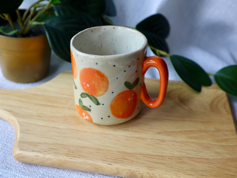 Handmade Small Ceramic Mug with Oranges *Slightly Warped