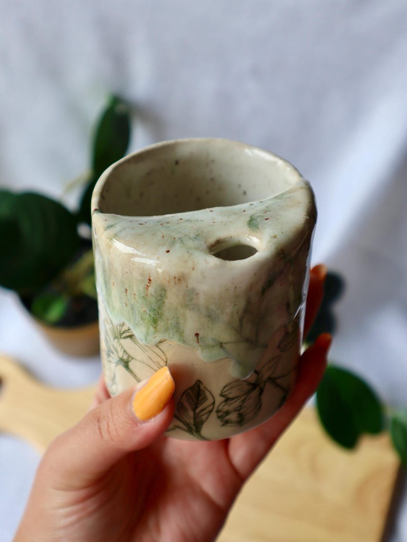 Handmade Ceramic Travel Cup / Tumbler with Green Florals