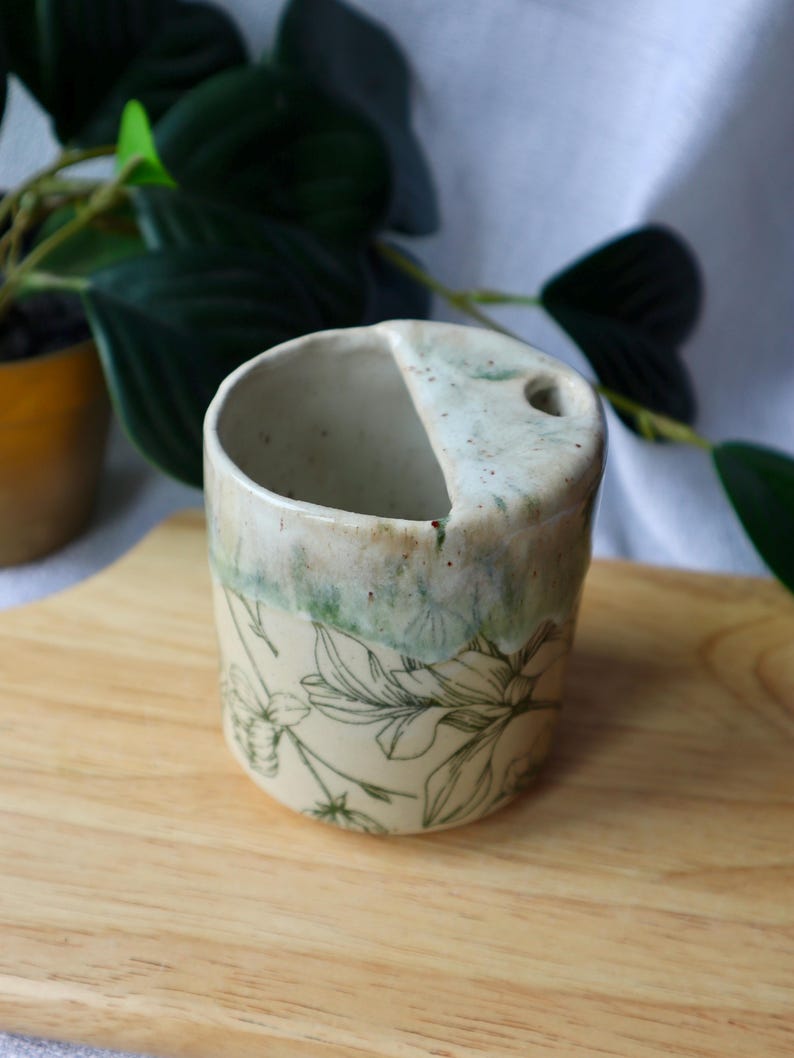Handmade Ceramic Travel Cup / Tumbler with Green Florals