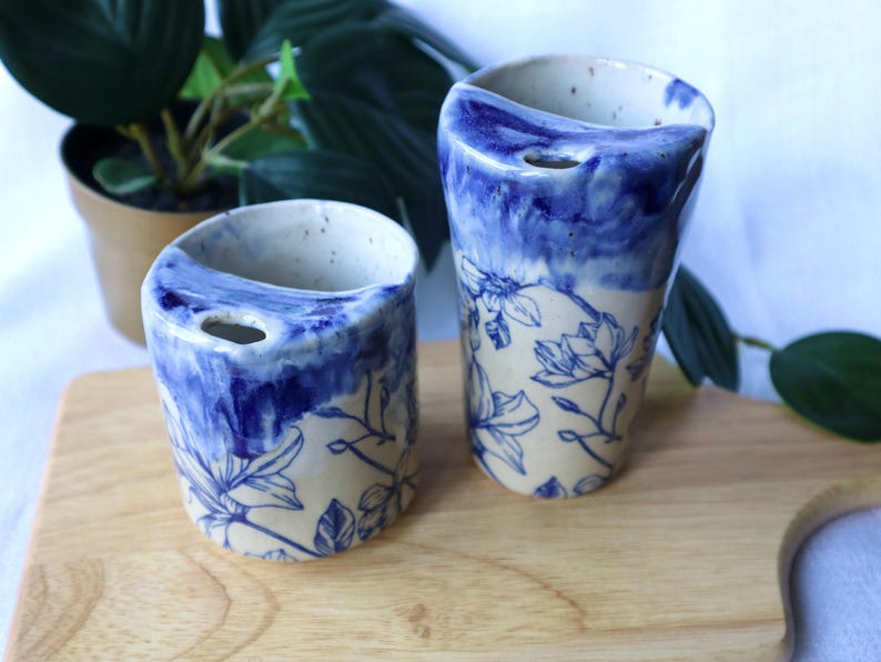 Blue Floral Handmade Ceramic Travel Cups/Tumblers