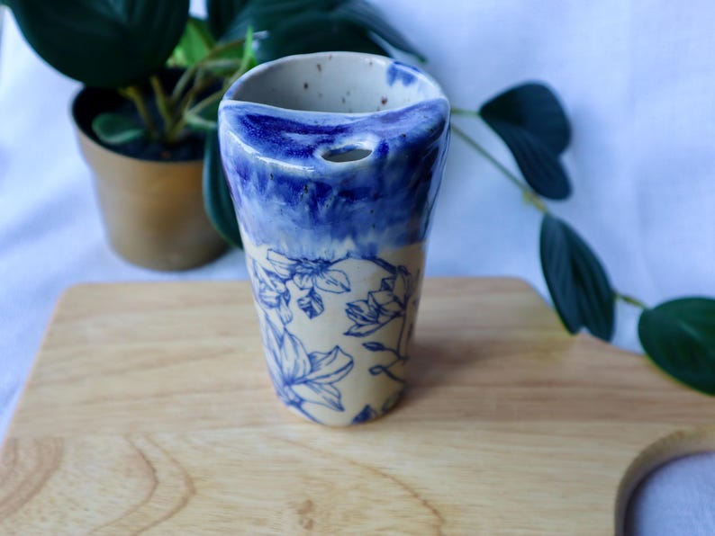 Blue Floral Handmade Ceramic Travel Cups/Tumblers