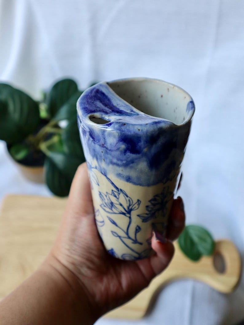 Blue Floral Handmade Ceramic Travel Cups/Tumblers