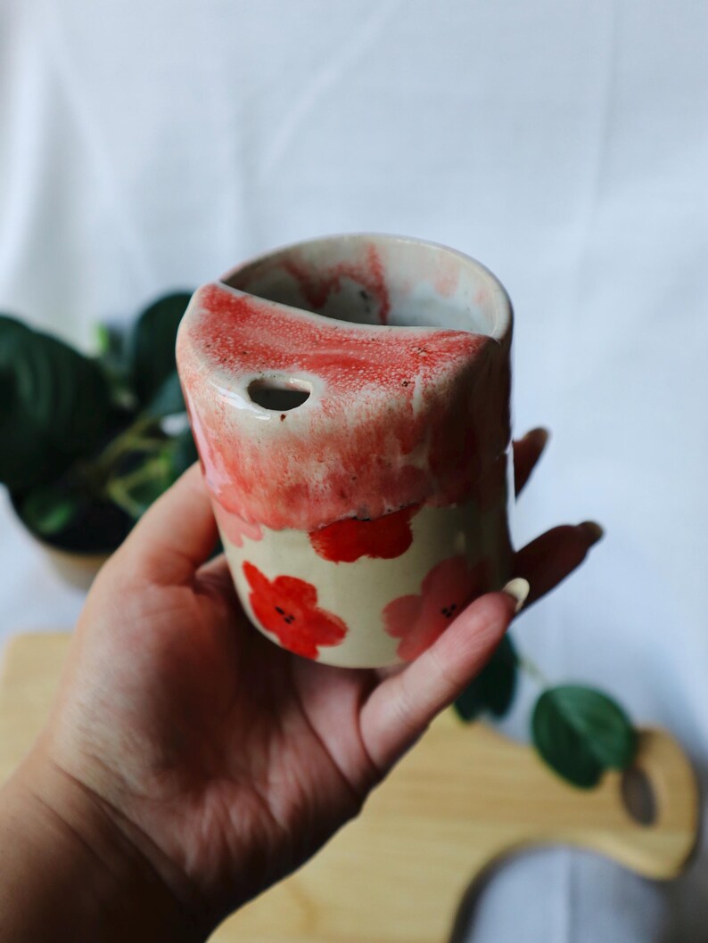 Floral Handmade Ceramic Red & Pink Travel Tumblers