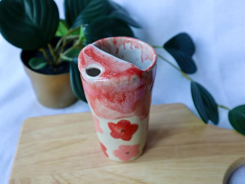 Floral Handmade Ceramic Red & Pink Travel Tumblers