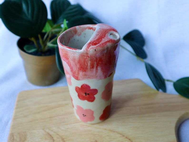 Floral Handmade Ceramic Red & Pink Travel Tumblers