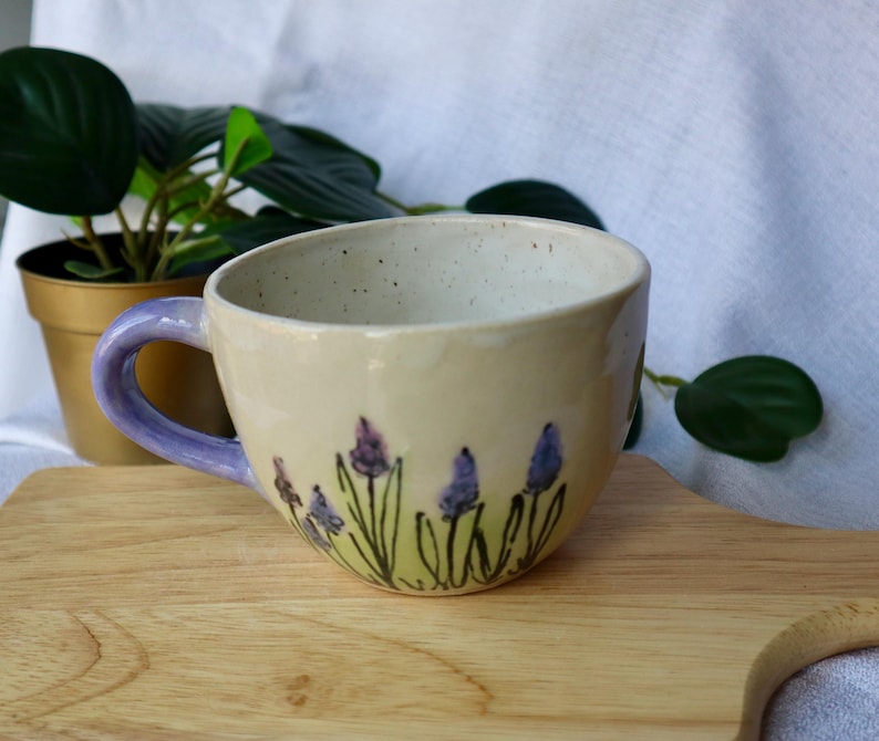 Large Round Handmade Lavender Floral Ceramic Mugs