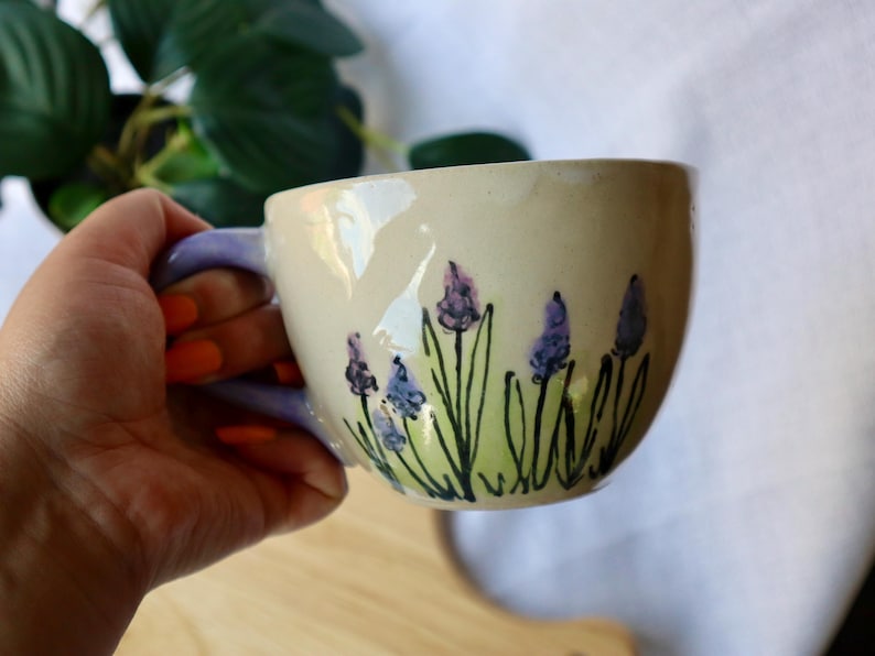 Large Round Handmade Lavender Floral Ceramic Mugs