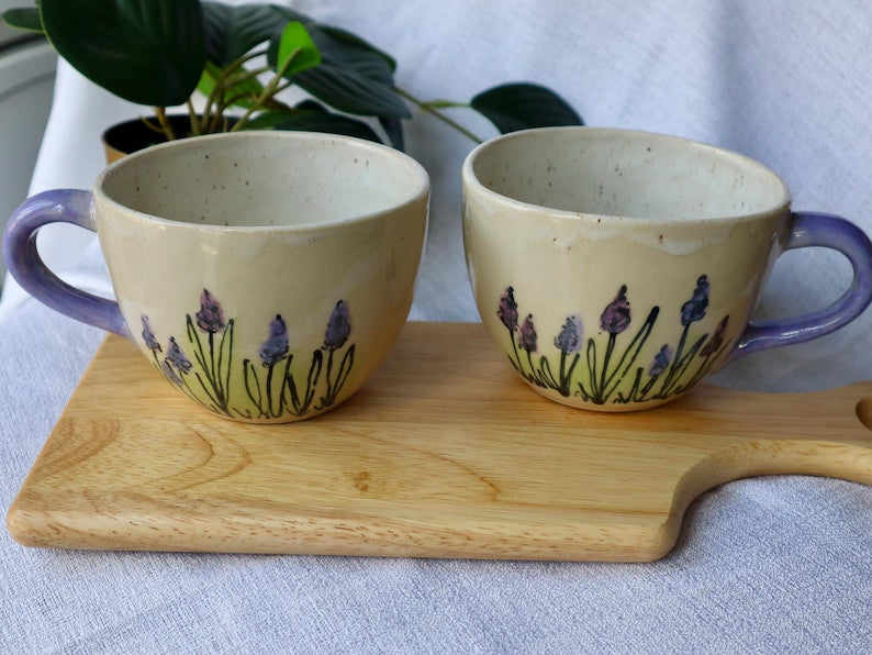 Large Round Handmade Lavender Floral Ceramic Mugs