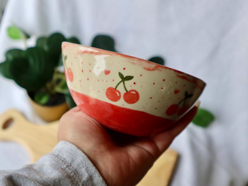 Handmade Small Wonky Cherry Ceramic Bowl - Handmade Ceramic