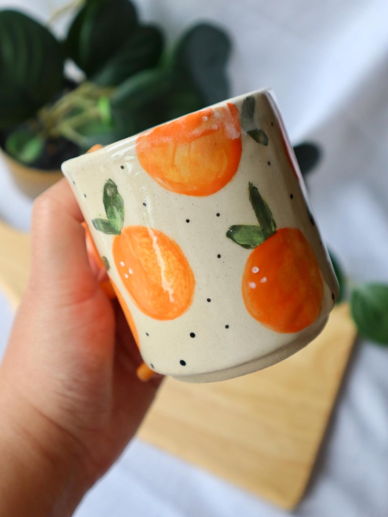 Handmade Small Ceramic Mug with Oranges *Slightly Warped
