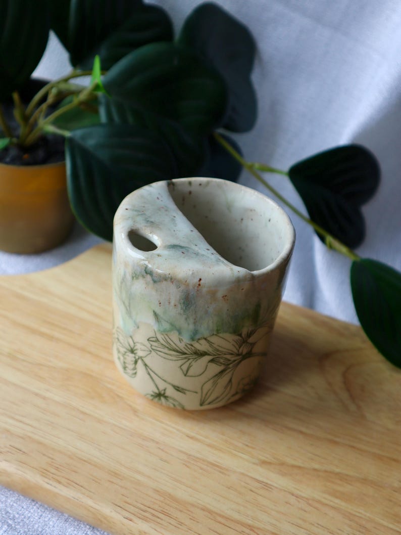 Handmade Ceramic Travel Cup / Tumbler with Green Florals