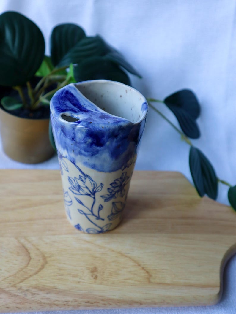 Blue Floral Handmade Ceramic Travel Cups/Tumblers