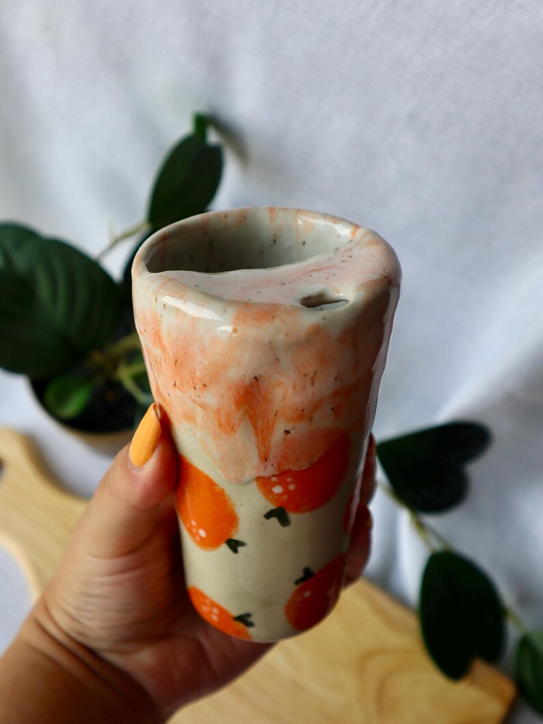 Handmade Ceramic Travel Cup / Tumbler with Oranges