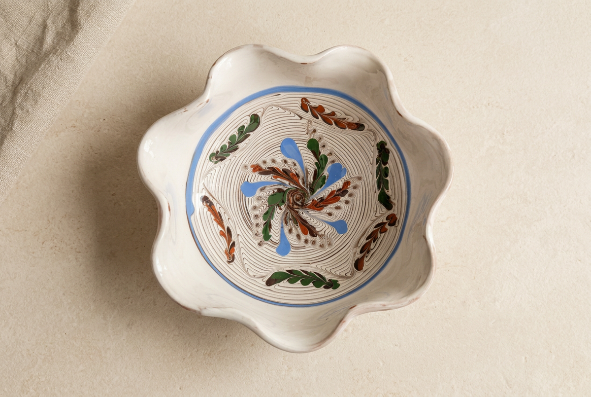 Iris Ripple Side Bowl on a warm limestone background