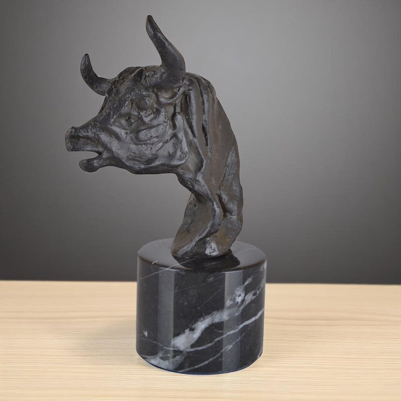 Bronze Bull's Head Sculpture With Marble Base