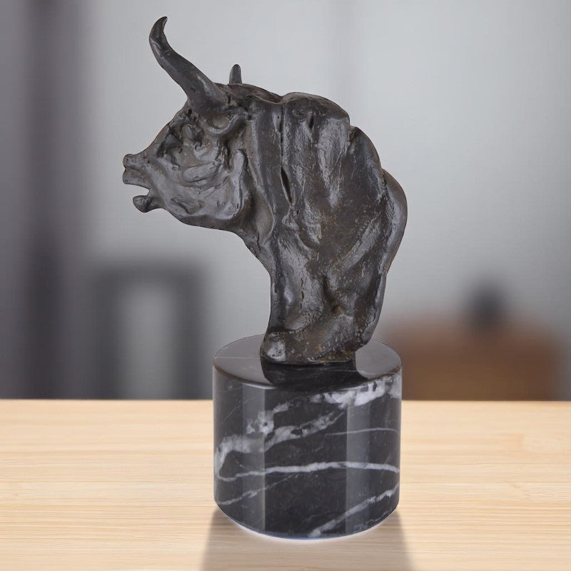 Bronze Bull's Head Sculpture With Marble Base