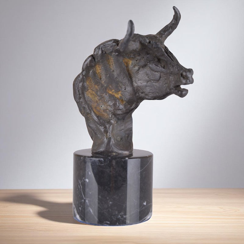Bronze Bull's Head Sculpture With Marble Base