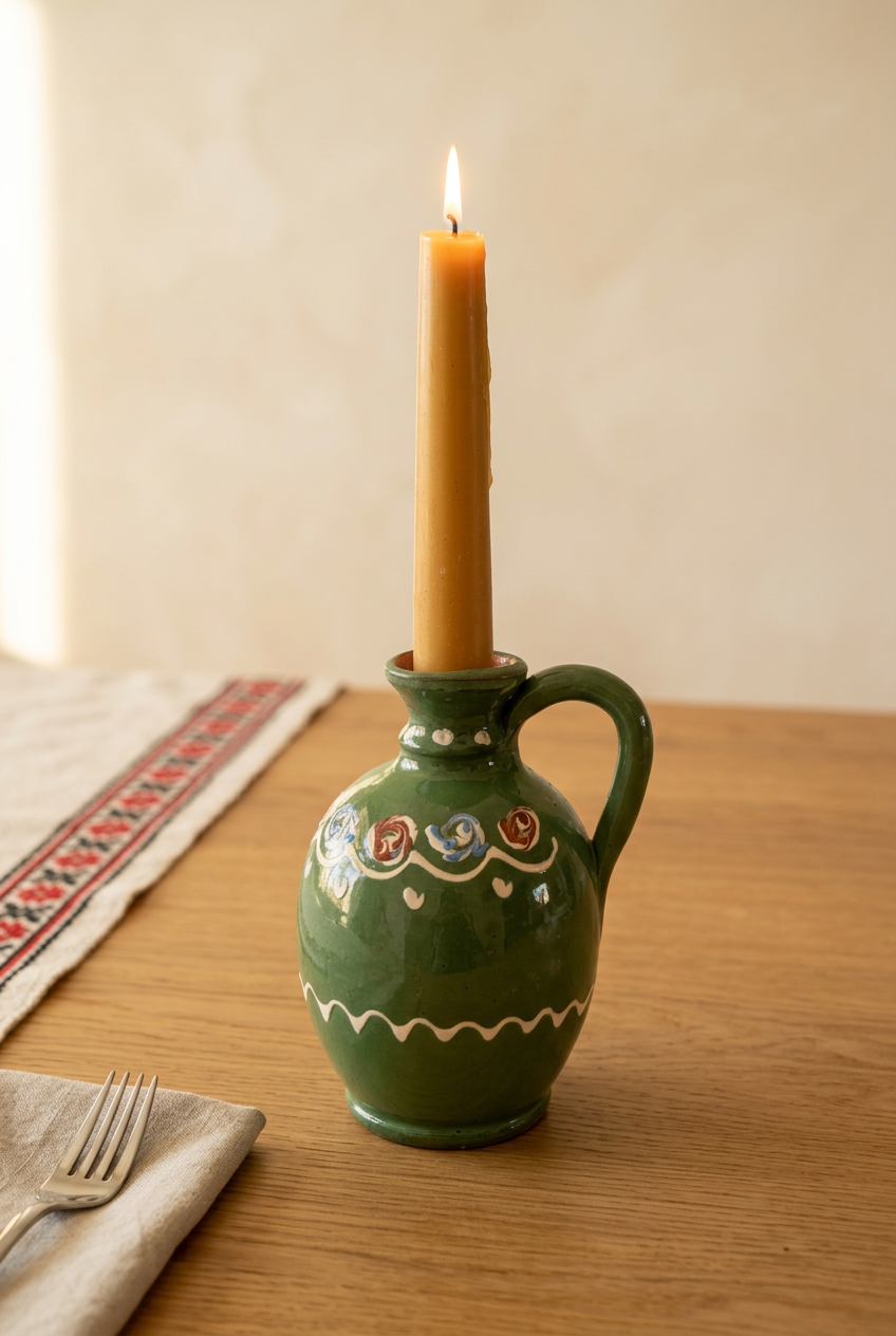 Moss Green Candlestick Holder in a Romanian-inspired dining setting