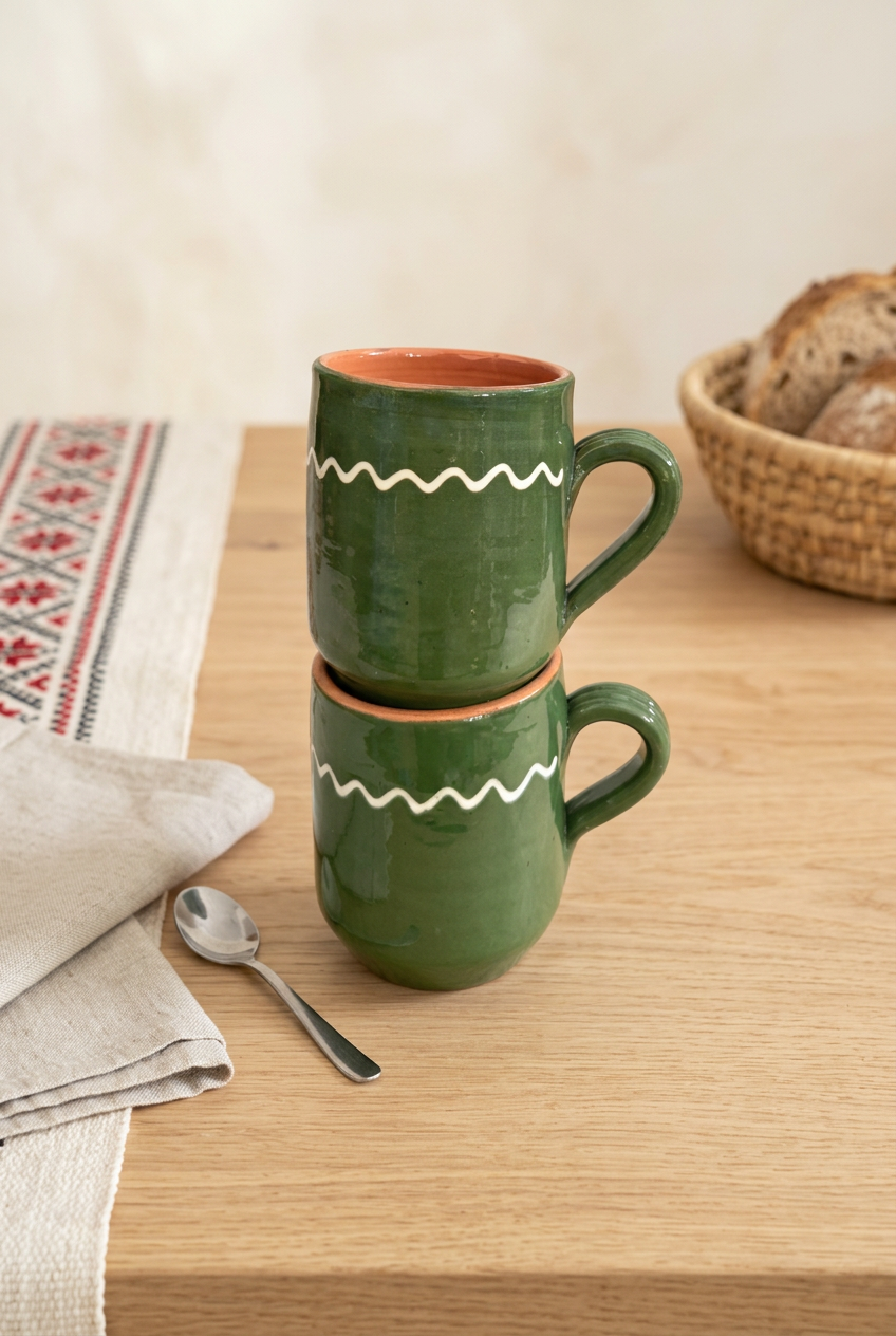Moss green cylinder mugs in a Romanian-inspired breakfast setting