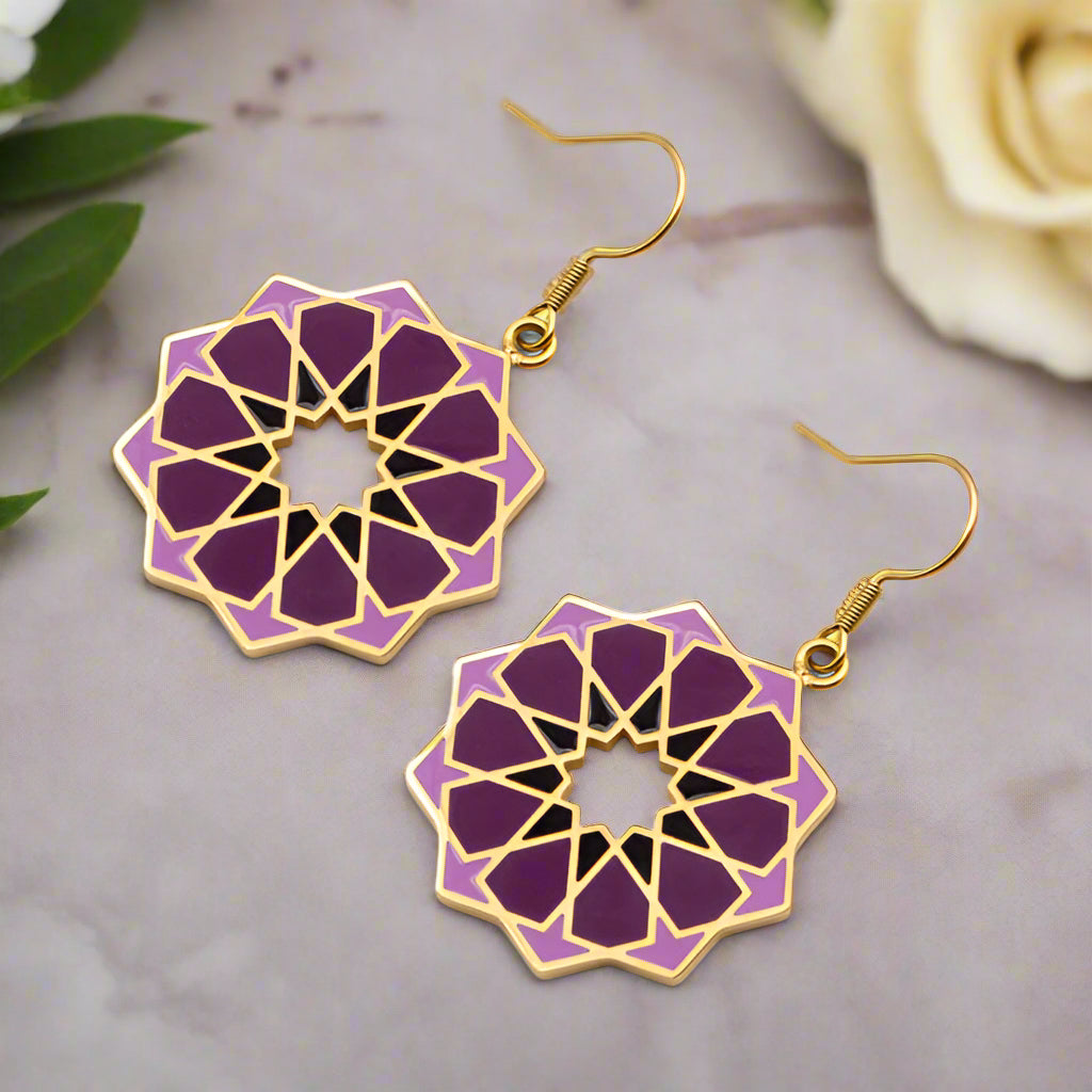Geometric Gold Plated Dangling Earrings Siraj Purple