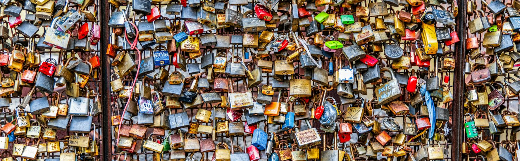 Wall of colorful padlocks attached to a metal gate