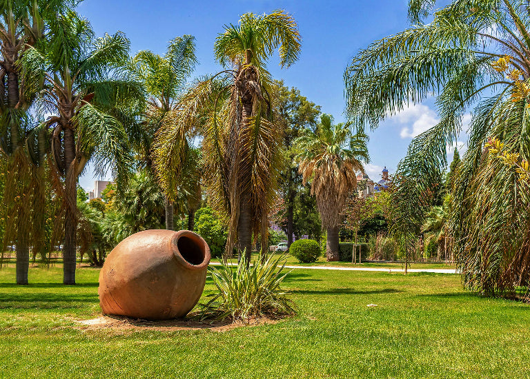 Large clay pot in a park with palm trees and clear blue sky