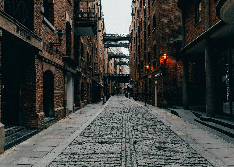 Cobbled alleyway between brick buildings with a bridge in the background
