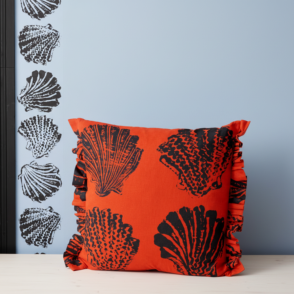 Pilgrim Cushion Tangerine – Sunne Border Mid Blue Wallpaper