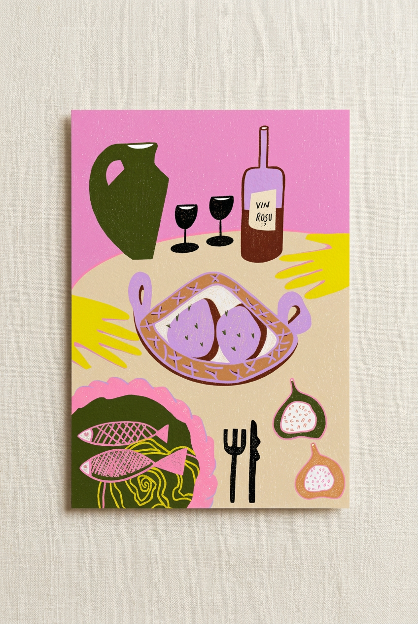 Vin Roșu greeting card with a warm ivory linen background