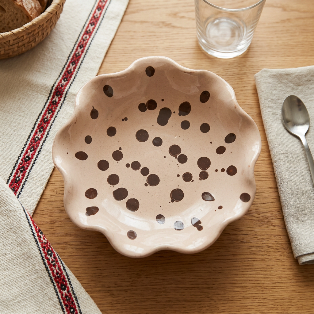 Warm Ecru Ripple Side Bowl in a Romanian-inspired dining-table setting